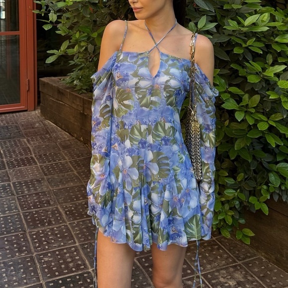 Zara Blue and Green Tiered Cold Shoulder Floral Mini Dress